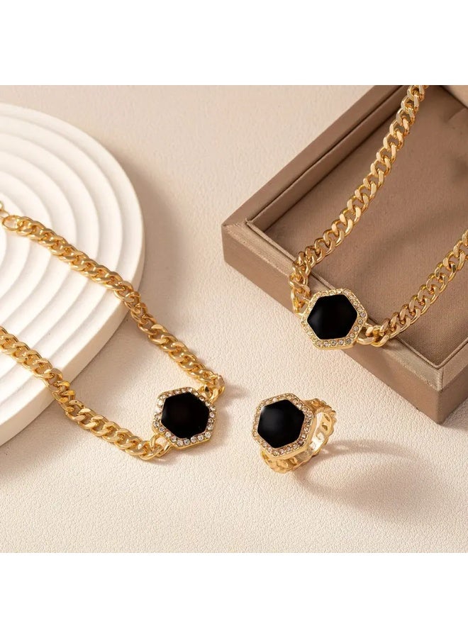 Goolsky Simple Temperament Black Hexagon Pendant Necklace Ring Bracelet 3pcs Jewelry Set – For Women Banquet Accessories, Black Hexagon Matching Set, Formal/Banquet Wear, Luxury Style - Image 2
