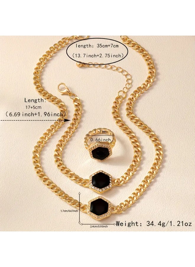 Goolsky Simple Temperament Black Hexagon Pendant Necklace Ring Bracelet 3pcs Jewelry Set – For Women Banquet Accessories, Black Hexagon Matching Set, Formal/Banquet Wear, Luxury Style - Image 4