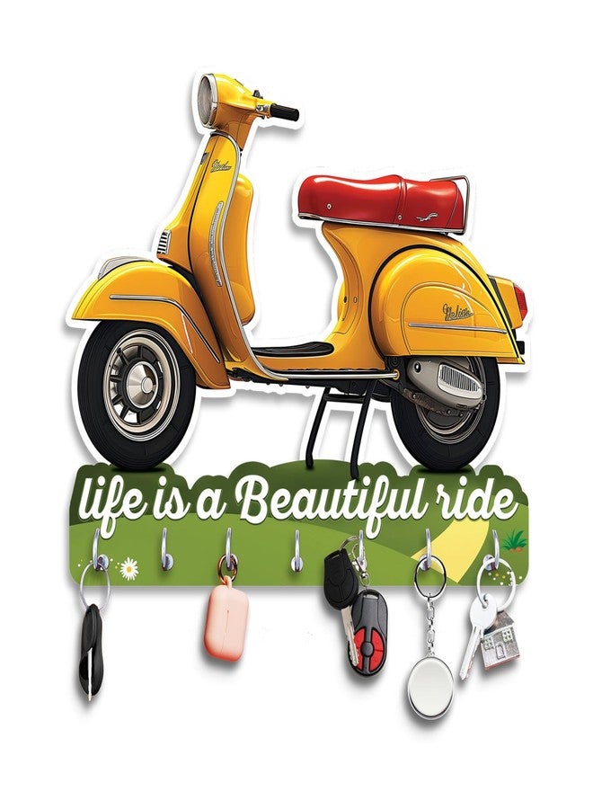 CRAFTINKY Wooden Key Holder & Wall Collection | Yellow Scooter Stylish 5-Hook Key | for Home & Office (Yellow, 12 x 10 inches) - Image 1