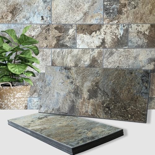 AULIGET 6" x 12" Beige & Brown Slate Peel and Stick Backsplash Wall Tiles, PVC Faux Stone Stick on Tiles for Backsplash Kitchen, Bathroom, Laundry Room, Camper, Fireplace (Pack of 20) - Image 1