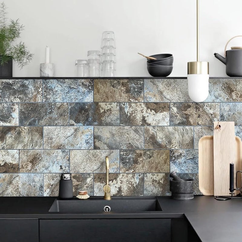 AULIGET 6" x 12" Beige & Brown Slate Peel and Stick Backsplash Wall Tiles, PVC Faux Stone Stick on Tiles for Backsplash Kitchen, Bathroom, Laundry Room, Camper, Fireplace (Pack of 20) - Image 4