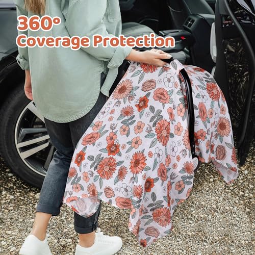 Rquite Car Seat Cover, Muslin Cotton Infant Car Seat Canopy, Breathable Baby Carrier Cover, Summer Stroller Sun Shade, Flower - Image 4