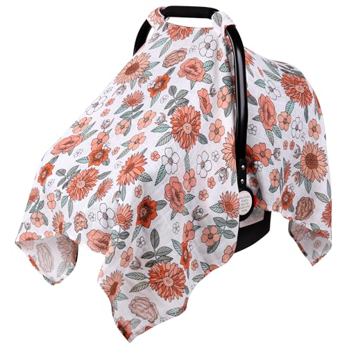 Rquite Car Seat Cover, Muslin Cotton Infant Car Seat Canopy, Breathable Baby Carrier Cover, Summer Stroller Sun Shade, Flower - Image 1