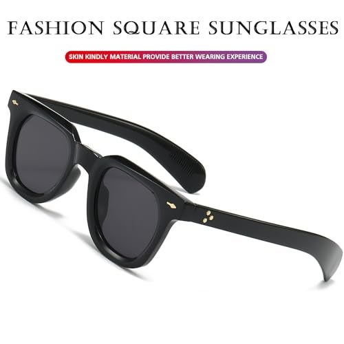 PORADAY Square Sunglasses for Women Men Trendy Thick Frame Sun Glasses Black Shades (Black/Grey) - Image 5