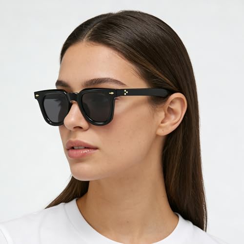 PORADAY Square Sunglasses for Women Men Trendy Thick Frame Sun Glasses Black Shades (Black/Grey) - Image 2