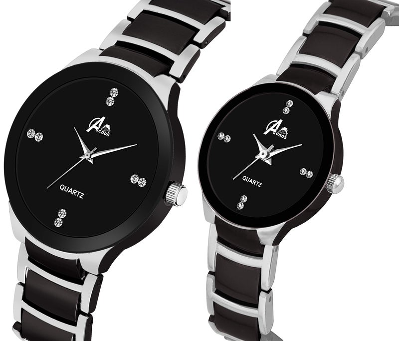 Acnos Premium Plated Full Dial Couple Analog Watches For Men And Women (Black Silver) Pack Of 2 - Stainless Steel - Image 2