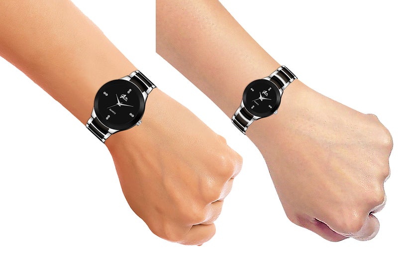 Acnos Premium Plated Full Dial Couple Analog Watches For Men And Women (Black Silver) Pack Of 2 - Stainless Steel - Image 5