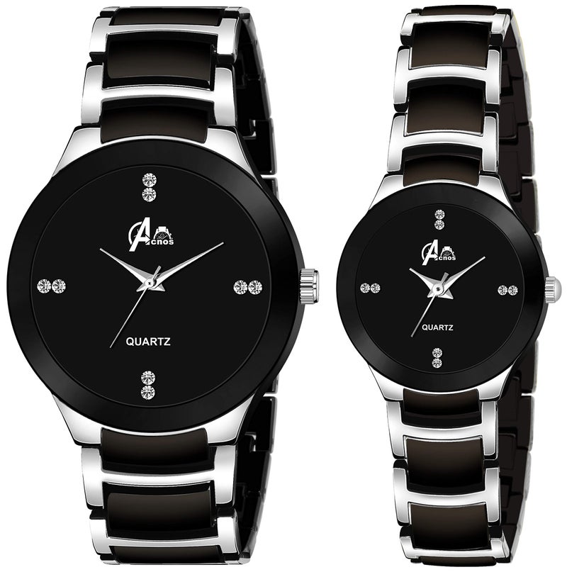 Acnos Premium Plated Full Dial Couple Analog Watches For Men And Women (Black Silver) Pack Of 2 - Stainless Steel - Image 1