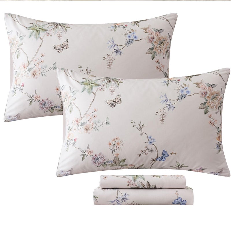 FADFAY King Size Sheets Set â€“ 4 Pieces Percale Cotton Deep Pocket Fitted Sheet, Crisp, Breathable & Soft, Country Style Floral & Butterfly Pattern Bedding for All Seasons - Image 1