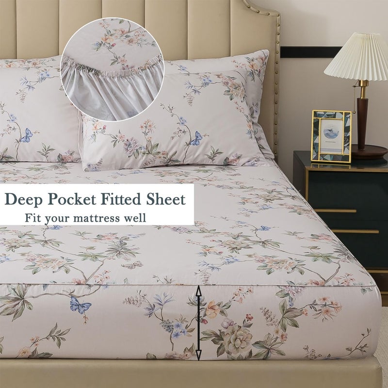 FADFAY King Size Sheets Set â€“ 4 Pieces Percale Cotton Deep Pocket Fitted Sheet, Crisp, Breathable & Soft, Country Style Floral & Butterfly Pattern Bedding for All Seasons - Image 4