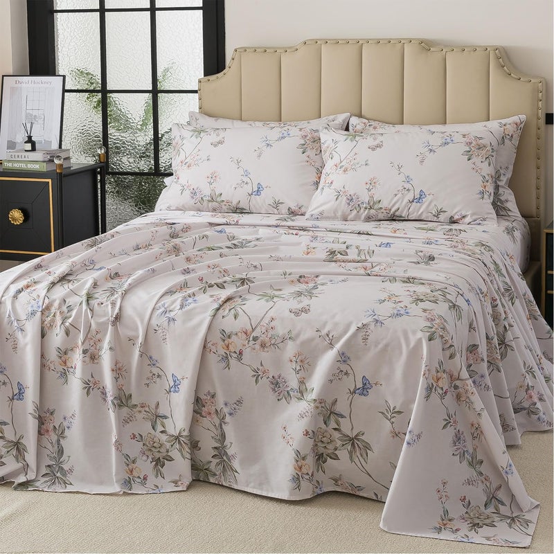 FADFAY King Size Sheets Set â€“ 4 Pieces Percale Cotton Deep Pocket Fitted Sheet, Crisp, Breathable & Soft, Country Style Floral & Butterfly Pattern Bedding for All Seasons - Image 2