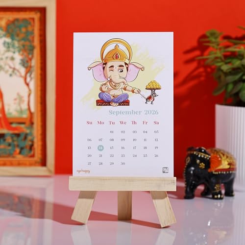 Oye Happy - Divine Desk Calendar 2026 – Mini Mandir Calendar with Cute God Illustrations | Spiritual Table Calendar for Home & Office | 3.4 x 5 inches - Image 1