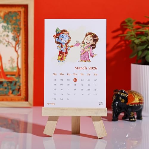 Oye Happy - Divine Desk Calendar 2026 – Mini Mandir Calendar with Cute God Illustrations | Spiritual Table Calendar for Home & Office | 3.4 x 5 inches - Image 2