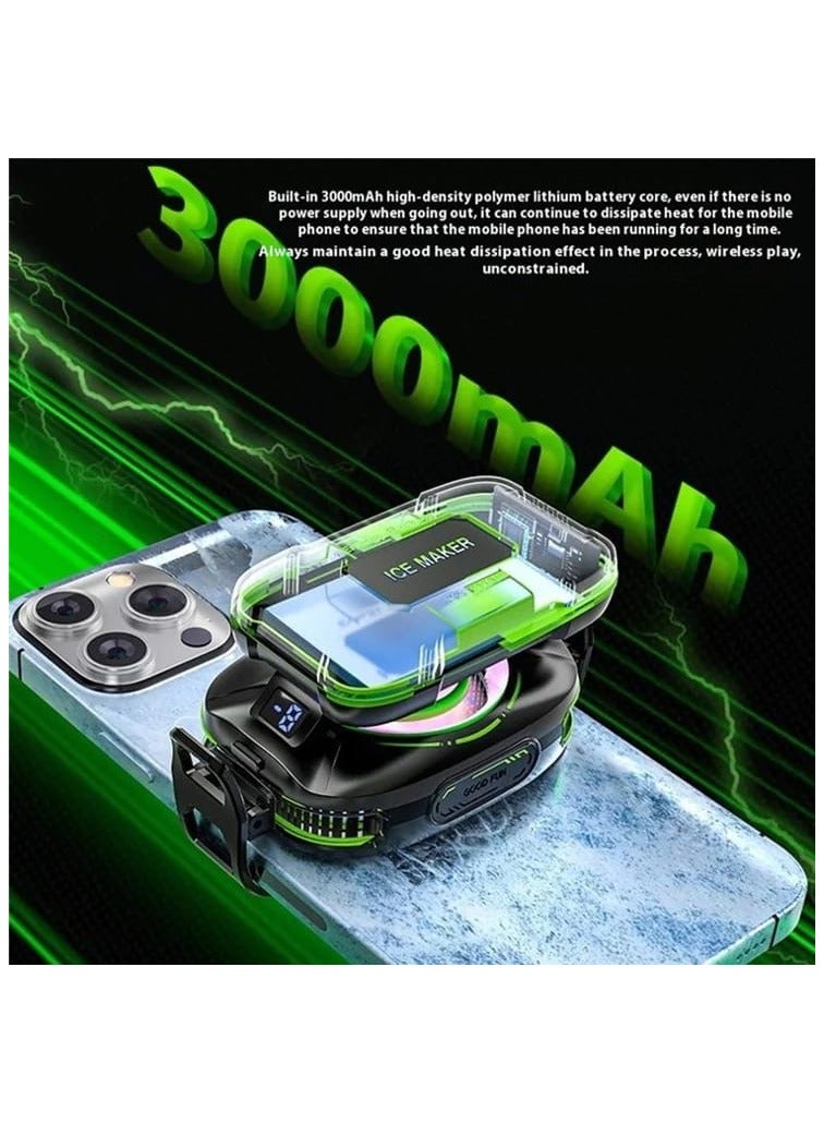 IBDA Mobile Gaming Cooling Fan, ICE Maker Cooler, RGB LED Light, 3000mAh External Battery, Temperature Display, Phone Game Cooler, Live Streaming Radiator, Black/Green - Image 4