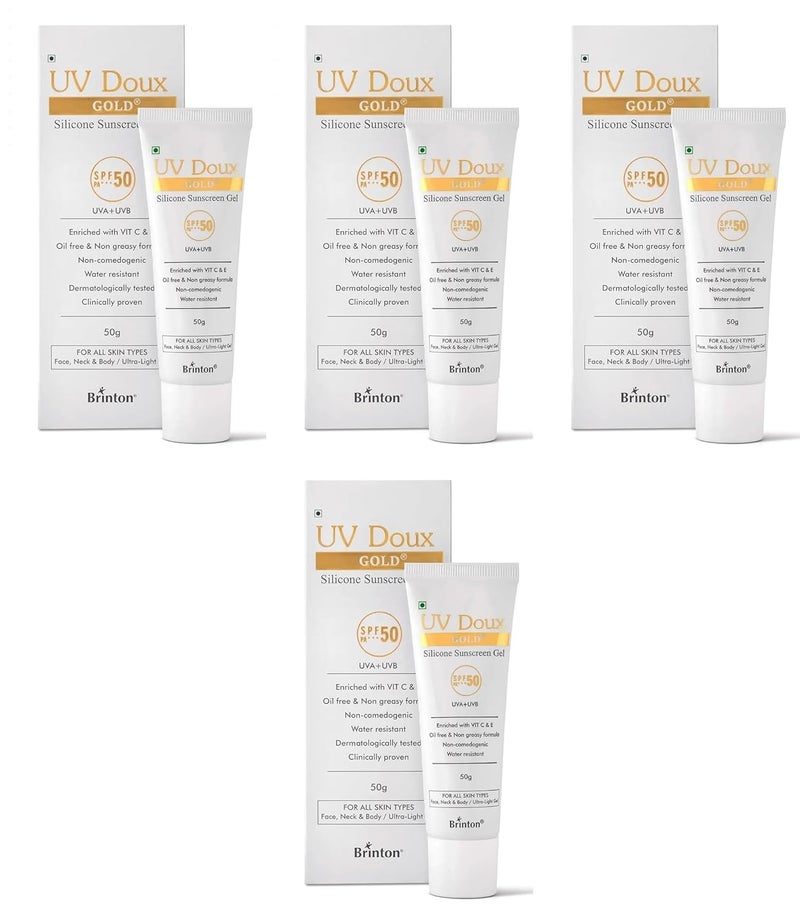 Brinton Brinton UV Doux Gold Silicone Sunscreen Gel SPF 50 PA Enriched With Vitamin C E Water Resistant Oil Free Non Greasy UVAUVB With Broad Spectrum 50 g x Pack of 4 - Image 1