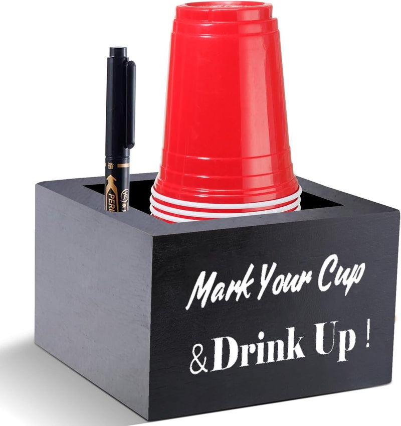 SLLPL Wooden Cup Holder - Party Cup Holder with Marker Slot, for Party and Wedding, Rustic Disposable for Bar, Kitchen, Countertop, Home & Office, Black - Image 1