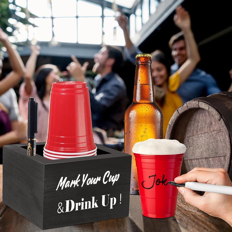 SLLPL Wooden Cup Holder - Party Cup Holder with Marker Slot, for Party and Wedding, Rustic Disposable for Bar, Kitchen, Countertop, Home & Office, Black - Image 2