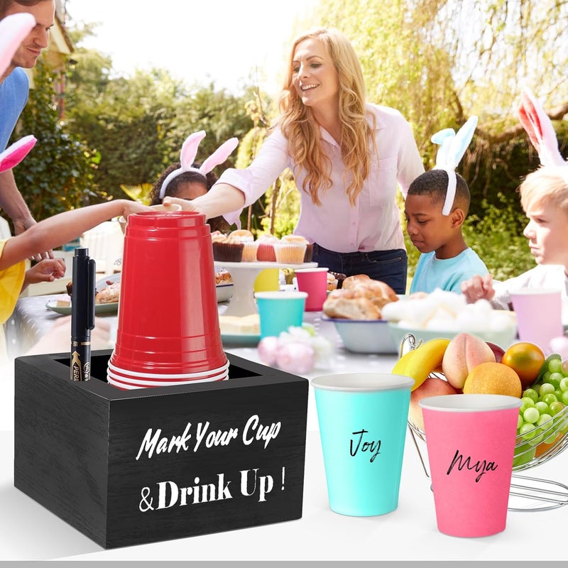 SLLPL Wooden Cup Holder - Party Cup Holder with Marker Slot, for Party and Wedding, Rustic Disposable for Bar, Kitchen, Countertop, Home & Office, Black - Image 3