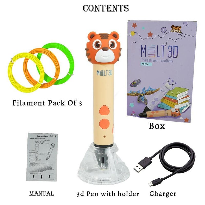 Magicwand ® 3D Printing Pen with Silicone Tiger Head &【3 Metre Each 3 Filaments & 10 Metre Each 20 Filaments Extra】【Pack of 1】 - Image 2