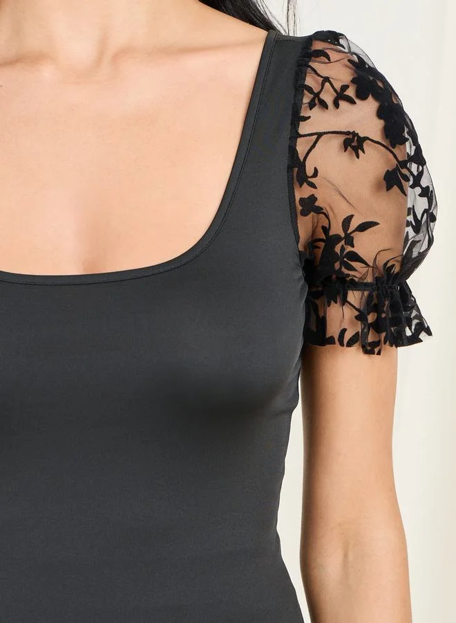 Styli Floral Mesh Insert Sleeves Square Neck Fitted Top