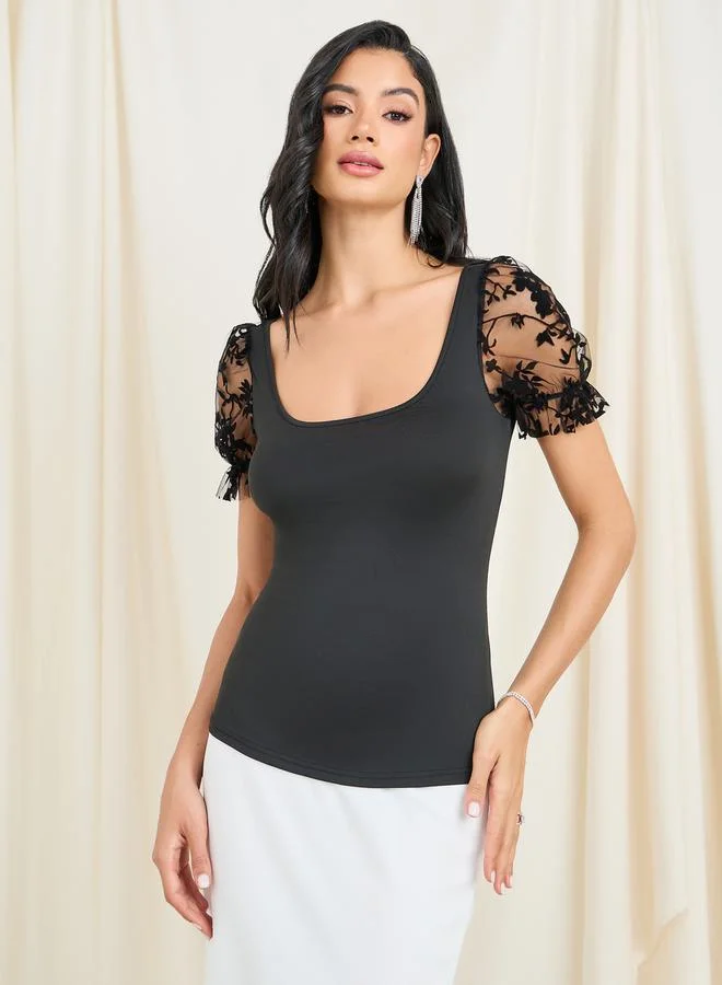 Styli Floral Mesh Insert Sleeves Square Neck Fitted Top