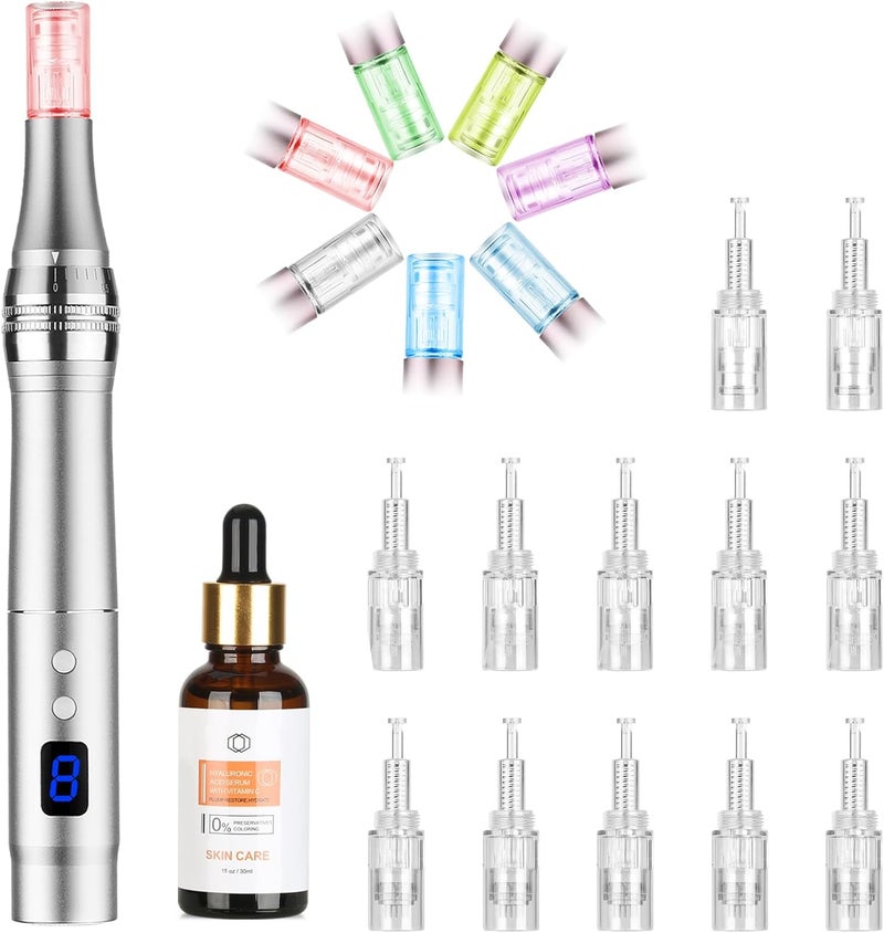 endim 8-Speeds Microneedling Pen LCD Screen Dermapen with 12Pcs Cartridges Electric Derma Pen for Face Body Beard Hair and Skin Care-Black, & Hyaluronic acid serum with Vitamin C(12 Cartridges) - Image 1