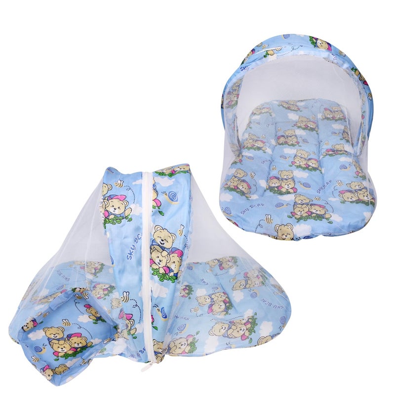 Boxo طقم سرير واقي من البعوض للأطفال مع مرتبة ناعمة، شبكة بنمط سحاب ووسادة صغيرة للرقبة (29"x17"x16") (أزرق فاتح) - Image 1