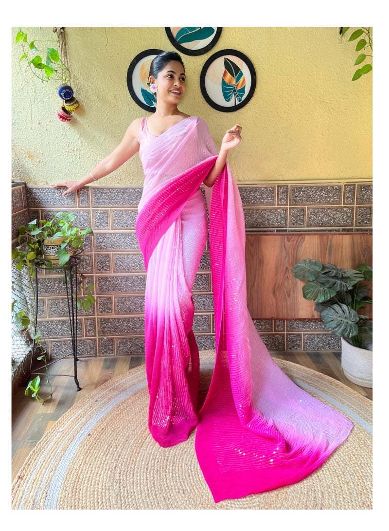 Grab Mantra Half and Half Light Dark Pink Pleated Fabric Saree With Sequence Work Plus Unstitched Blouse  - Image 2