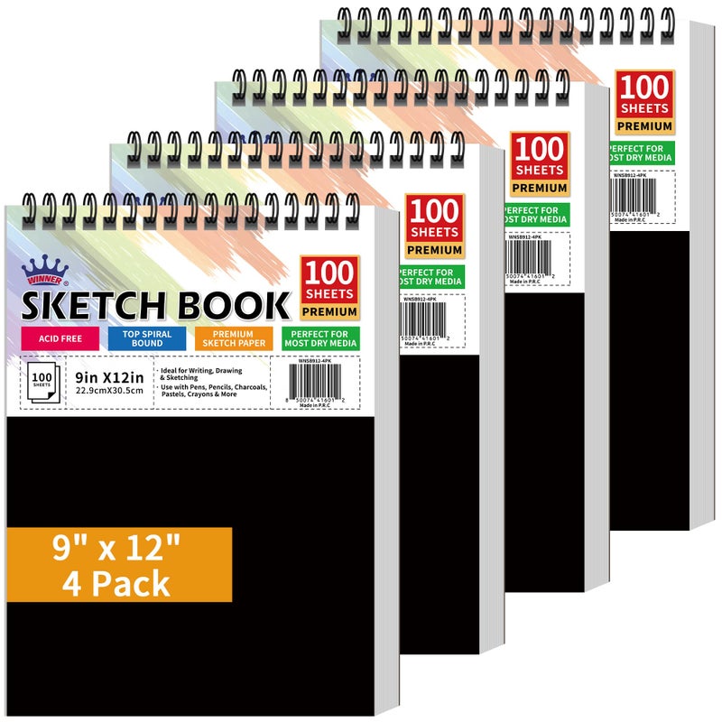 WINNER 9" x 12" Sketch Book 4 Pack, 400 Sheets Spiral Bound Art Sketchbook, 68lb/100gsm White Acid Free Drawing Pad, Sketching Drawing Writing Sketch Pad, Art Supplies for School, Kids, Adults &Teens - Image 1