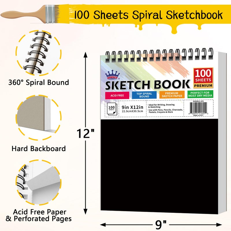 WINNER 9" x 12" Sketch Book 4 Pack, 400 Sheets Spiral Bound Art Sketchbook, 68lb/100gsm White Acid Free Drawing Pad, Sketching Drawing Writing Sketch Pad, Art Supplies for School, Kids, Adults &Teens - Image 2