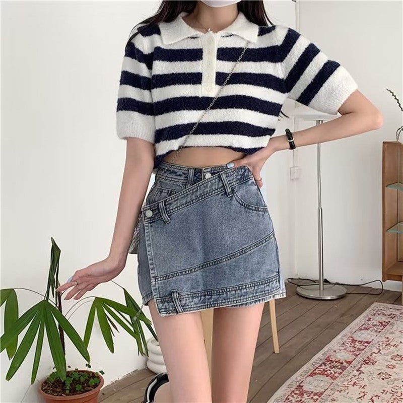 Spice Girls Denim Skirt Womens Summer 2023 New High Waist A- Line Skirt Slimming Design Sense Niche Culottes Blue - Image 1