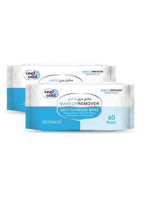 Cool & Cool Make Up Remover Daily Cleansing Wipes for Normal to Sensitive Skin | Effectively removes make-up, 60's