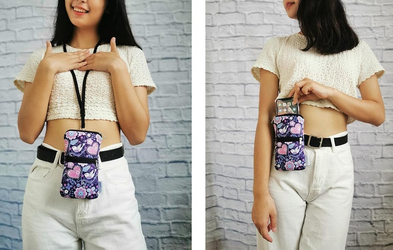 Tainada Women Cell Phone Neoprene Shockproof Zipper Sleeve Case Bag Pouch w/Carabiner, Neck Lanyard, Belt Loop Holster for iPhone 17/16/15 Pro Max, 16/15 Plus; Samsung S25+, S24, A56 (Purple Floral) - Image 2