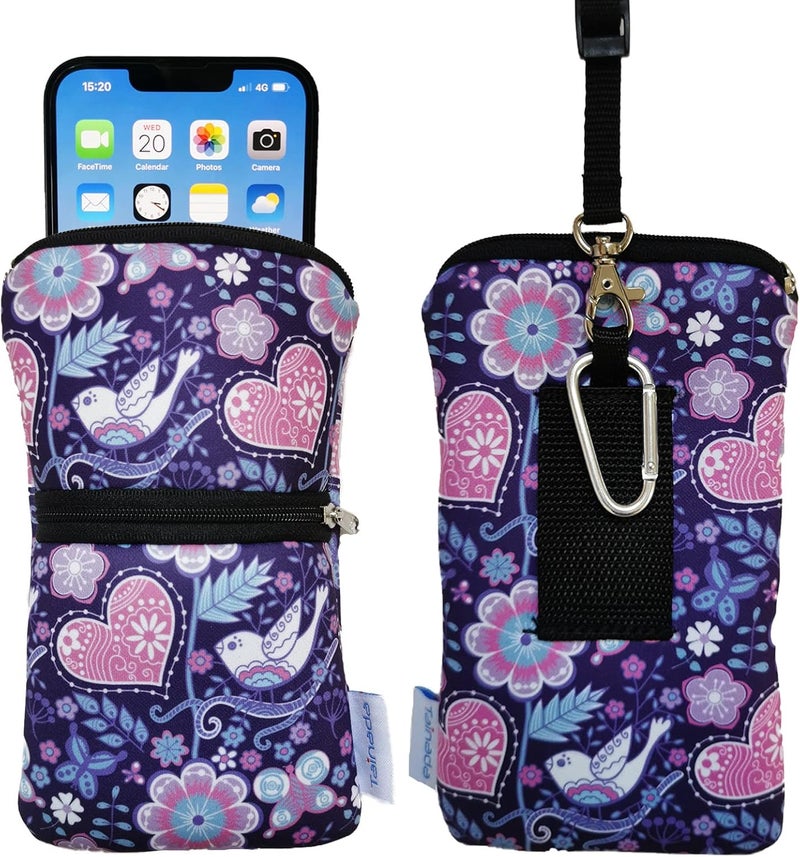 Tainada Women Cell Phone Neoprene Shockproof Zipper Sleeve Case Bag Pouch w/Carabiner, Neck Lanyard, Belt Loop Holster for iPhone 17/16/15 Pro Max, 16/15 Plus; Samsung S25+, S24, A56 (Purple Floral) - Image 1