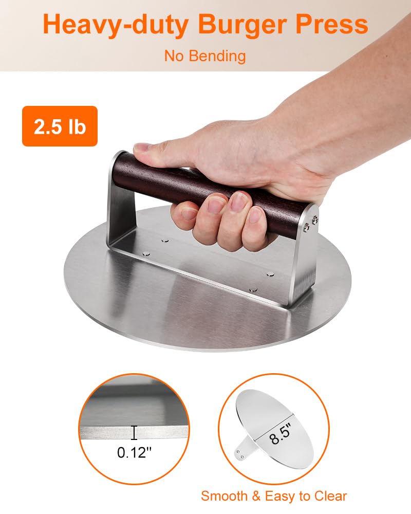 Brigii 8.5" Stainless Steel Smashed Burger Press, Round Flat Edge Grill Press for Crispy Smash Burgers, Hamburger Tool for Grill and Griddle Accessories, for BBQs and Tailgates, Dishwasher Safe - Image 2