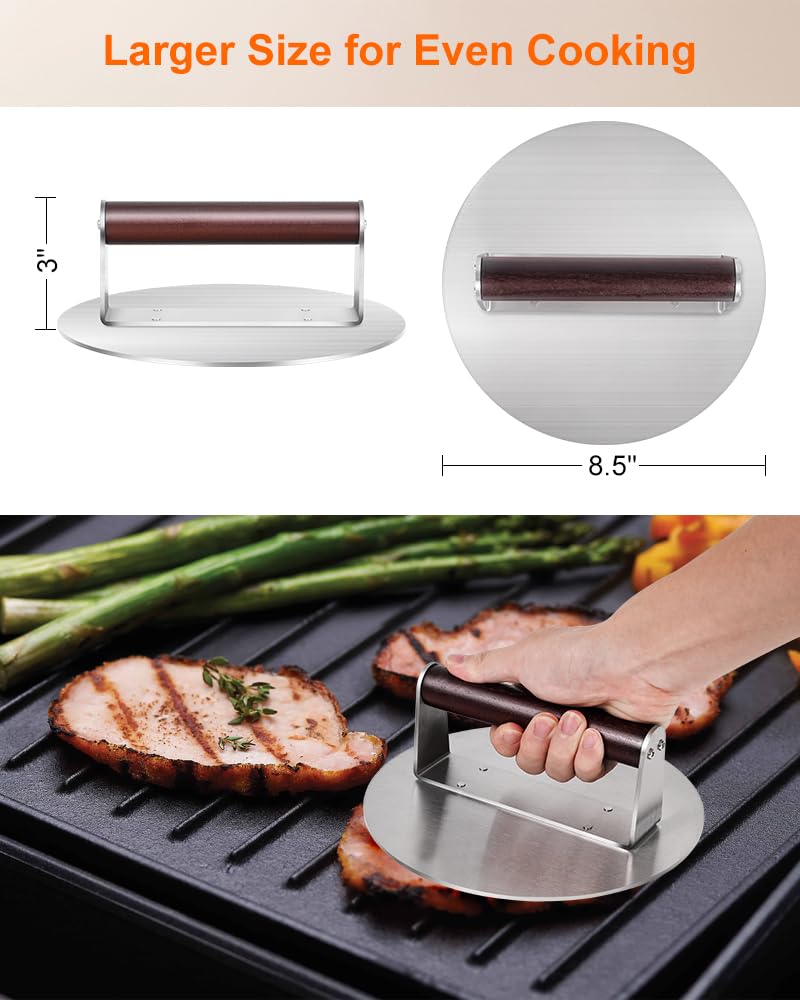 Brigii 8.5" Stainless Steel Smashed Burger Press, Round Flat Edge Grill Press for Crispy Smash Burgers, Hamburger Tool for Grill and Griddle Accessories, for BBQs and Tailgates, Dishwasher Safe - Image 4