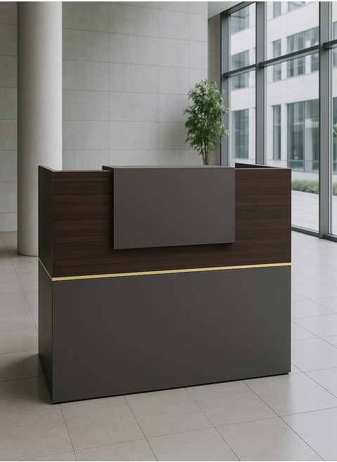 Modern Reception Desk – Dark Walnut & Charcoal Grey with Gold Accent Office Lobby Front Desk