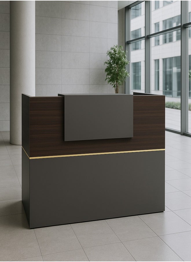 Modern Reception Desk – Dark Walnut & Charcoal Grey with Gold Accent Office Lobby Front Desk