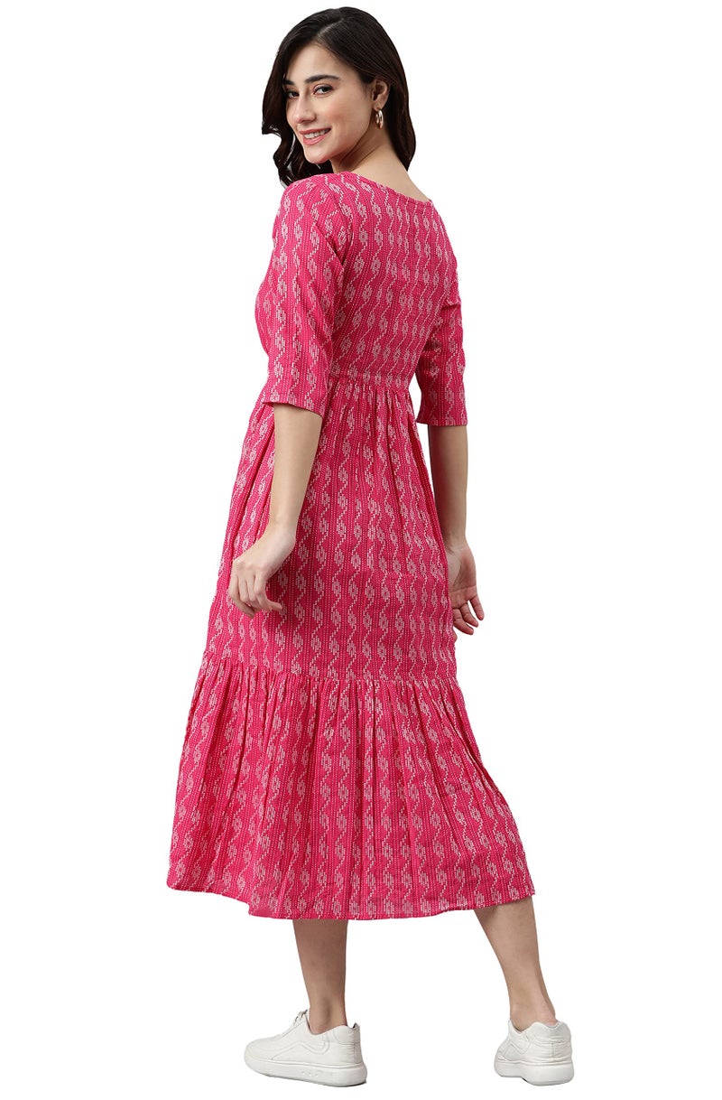 Janasya Women's Pink Pure Cotton Woven Design Tiered Dress(JNE3869-DR-XXXL) - Image 4