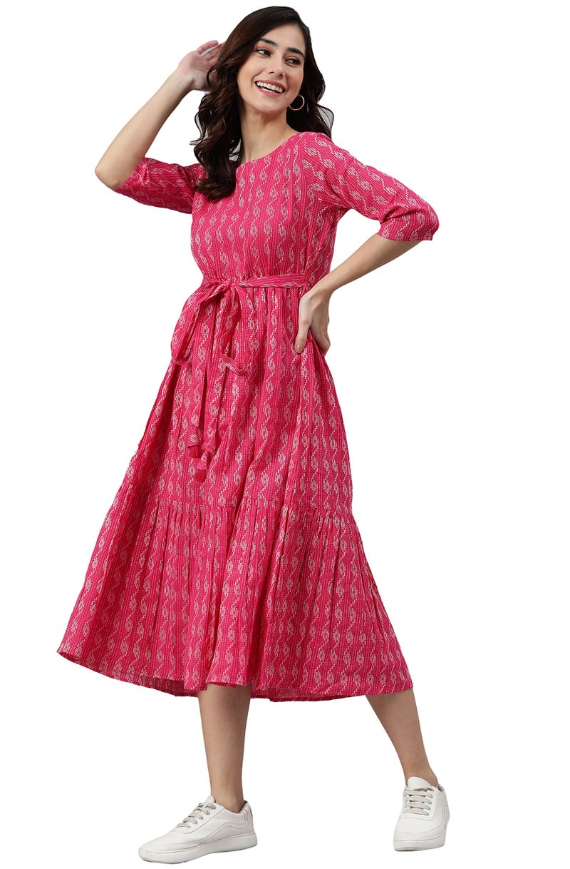 Janasya Women's Pink Pure Cotton Woven Design Tiered Dress(JNE3869-DR-XXXL) - Image 1