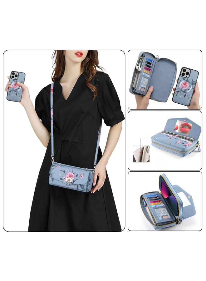 S-TOP Case For iPhone 13 Pro Max Flower Multi-functional Crossbody Zipper Wallet MagSafe Leather Phone Case - Image 5