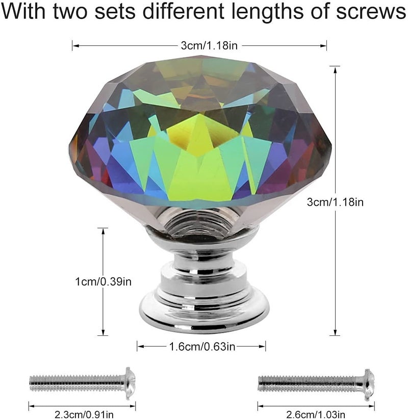 Akstore 6 Pcs Crystal Glass Cabinet Knobs 30mm Diamond Shape Drawer Kitchen Cabinets Dresser Cupboard Wardrobe Pulls Handles (30mm, Colorful) - Image 2