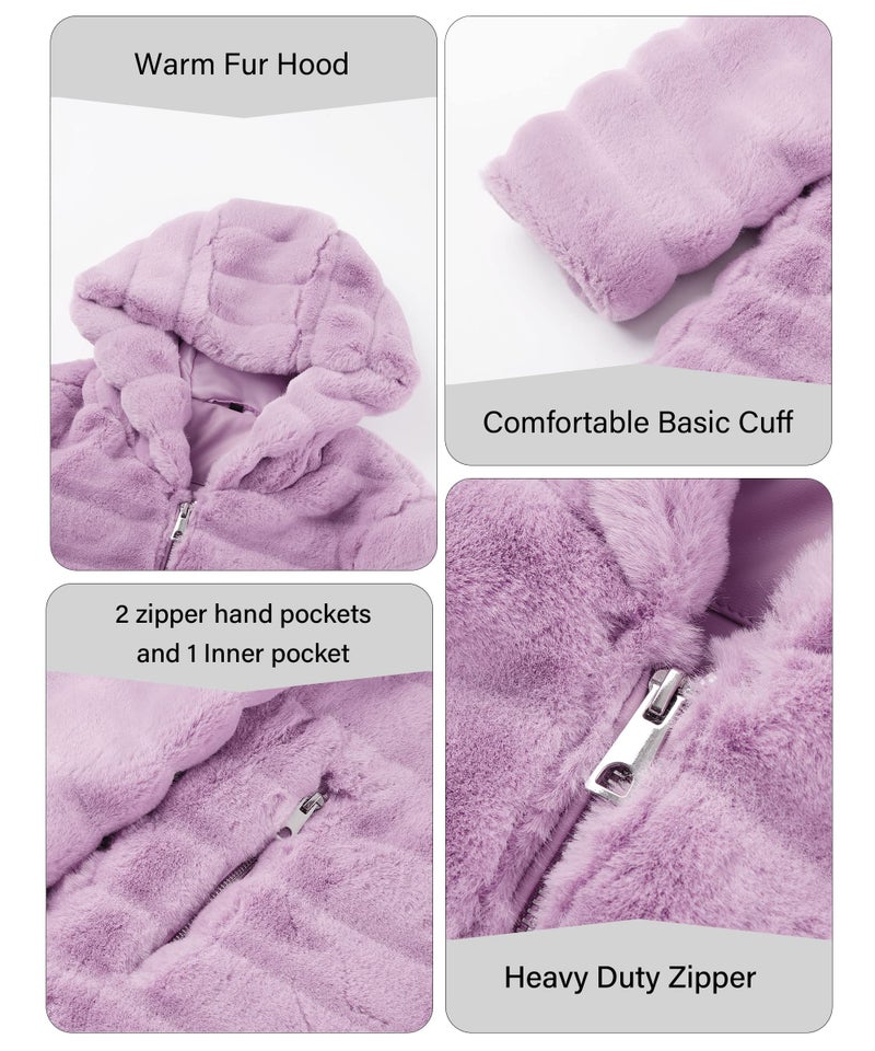 RISISSIDA Women Long Faux Fur Coat Fuzzy Jacket with Hood Fleece Winter Fall Thermal Shearling Fluffy Furry Overcoat Pink Purple 120757A L - Image 5