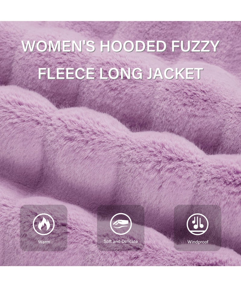 RISISSIDA Women Long Faux Fur Coat Fuzzy Jacket with Hood Fleece Winter Fall Thermal Shearling Fluffy Furry Overcoat Pink Purple 120757A L - Image 4
