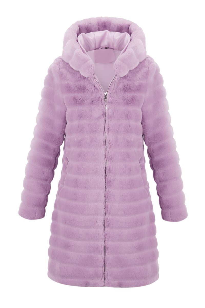 RISISSIDA Women Long Faux Fur Coat Fuzzy Jacket with Hood Fleece Winter Fall Thermal Shearling Fluffy Furry Overcoat Pink Purple 120757A L - Image 1