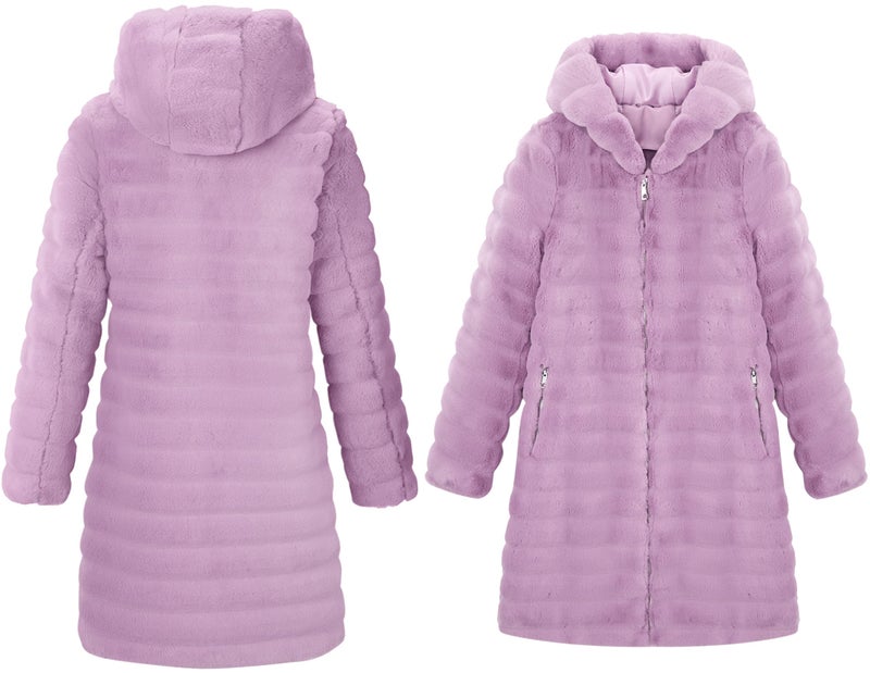 RISISSIDA Women Long Faux Fur Coat Fuzzy Jacket with Hood Fleece Winter Fall Thermal Shearling Fluffy Furry Overcoat Pink Purple 120757A L - Image 3