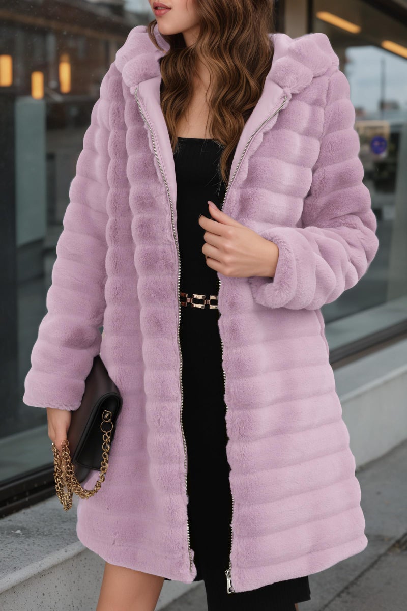 RISISSIDA Women Long Faux Fur Coat Fuzzy Jacket with Hood Fleece Winter Fall Thermal Shearling Fluffy Furry Overcoat Pink Purple 120757A L - Image 2
