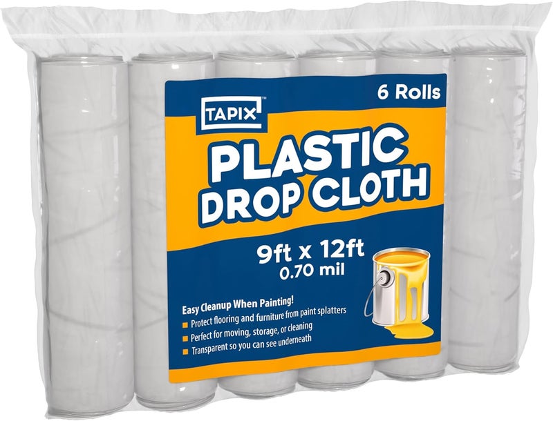 TAPIX 12 x 9 Ft Drop Cloths (6-Pack) – Plastic Sheeting & Painters Plastic Tarps for Painting, Waterproof Floor & Furniture Protection - Image 1