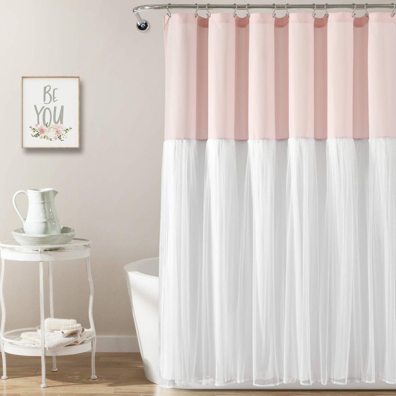 Lush Decor Lush Decor Tulle Skirt Colorblock Shower Curtain  72"" x 72""  Blush & White - Image 1
