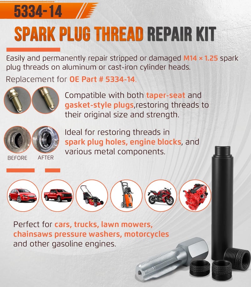 Krenlory 5334-14 Thread Repair Kit M14 x 1.25, Spark Plug Hole Thread Repair Kit Includes 14mm Reamer Tap, Insertion Tool & (3) Inserts, Spark Plug Saver - Image 2